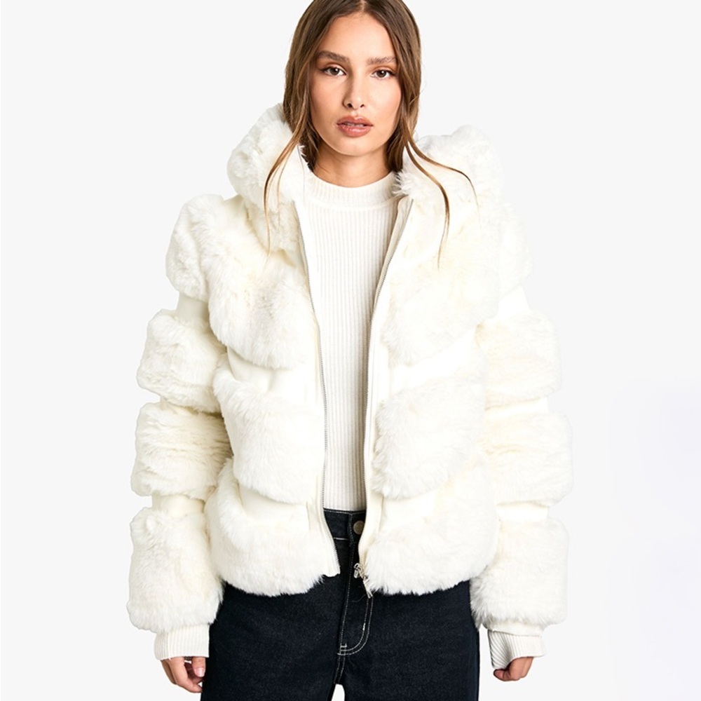 Y2K bebe White faux fur Teddy Jacket with Pom Poms